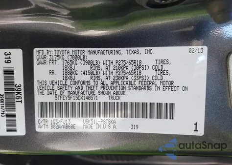 2013 Toyota Tundra Grade 5.7L V8 from USA, damaged, VIN 5TFEY5F15DX140571